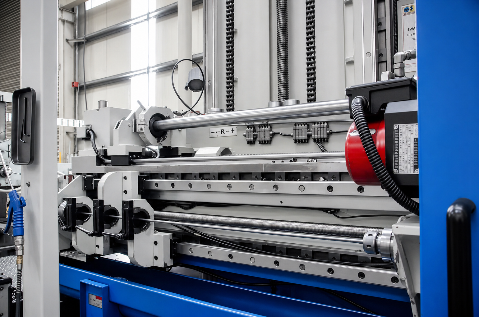 Wide view of a long-bed deep hole drilling machine in the DHDS workshop