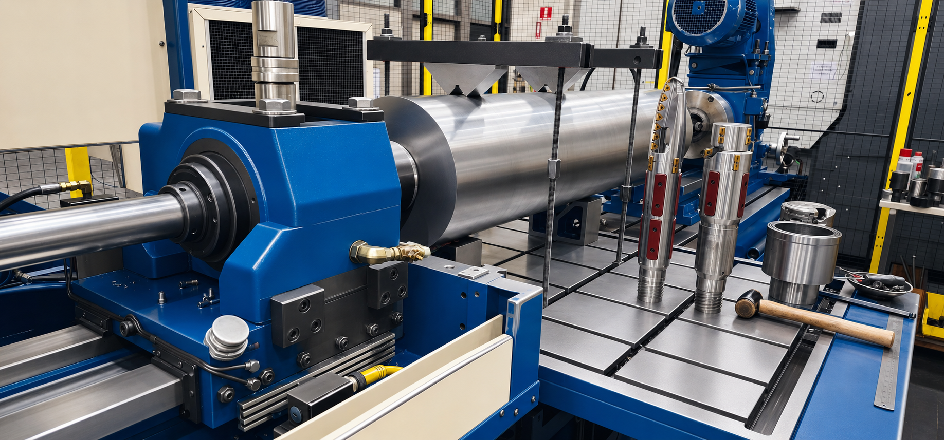 Large cylindrical component secured on a deep-hole drilling machine