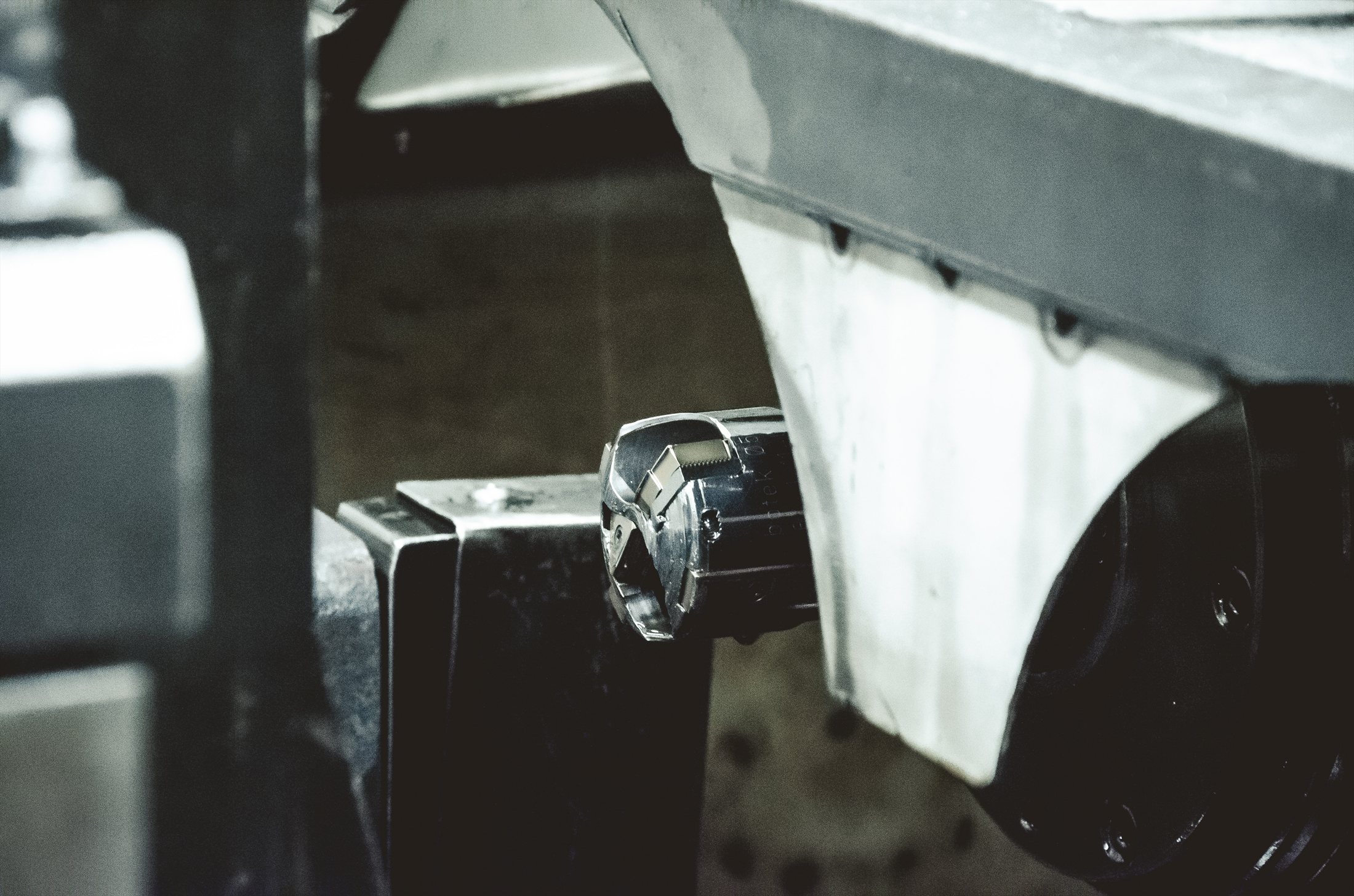 Close-up of precision tooling mounted on workshop machinery