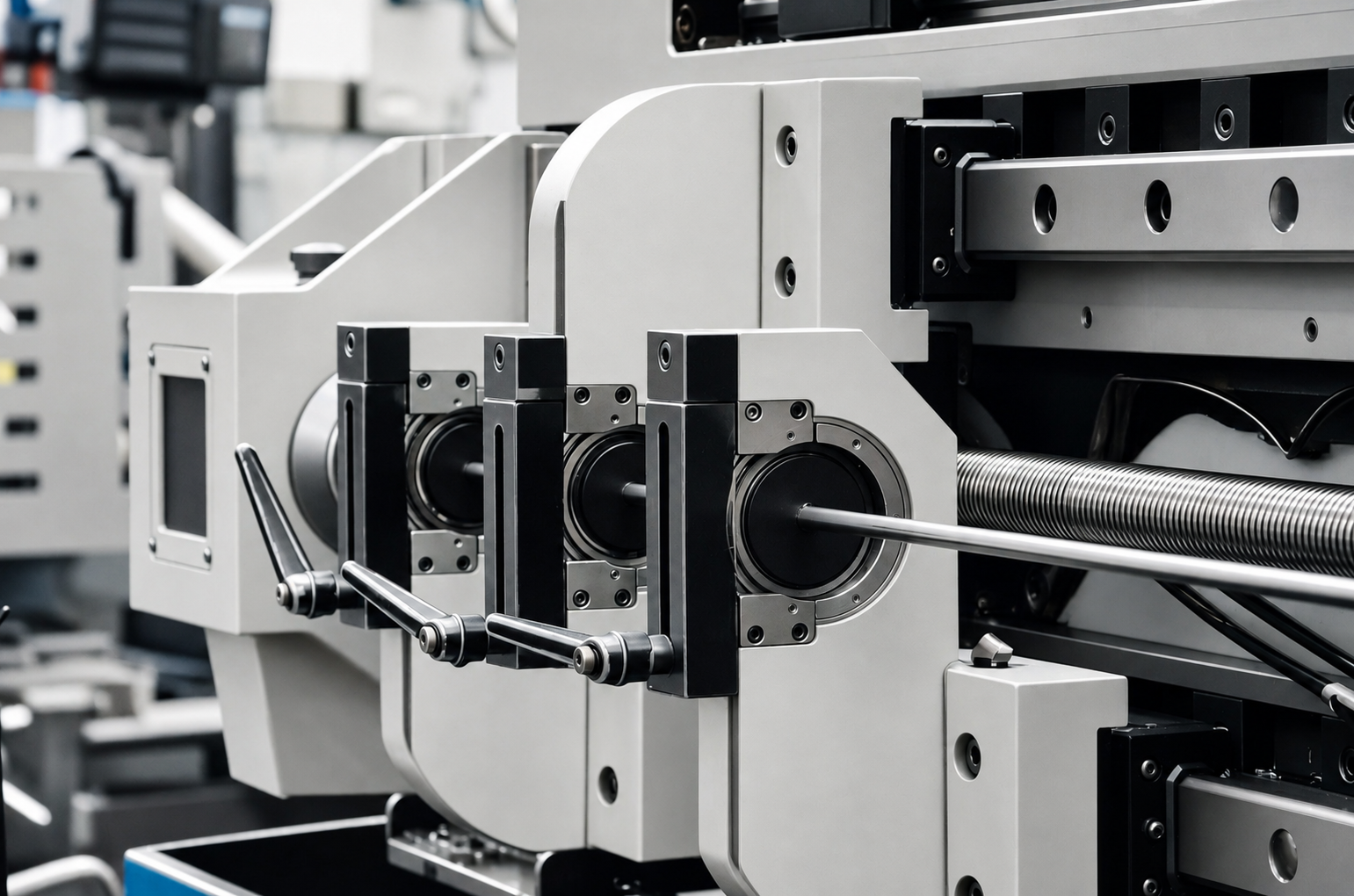 DHDS deep hole drilling machinery aligned around a precision workpiece